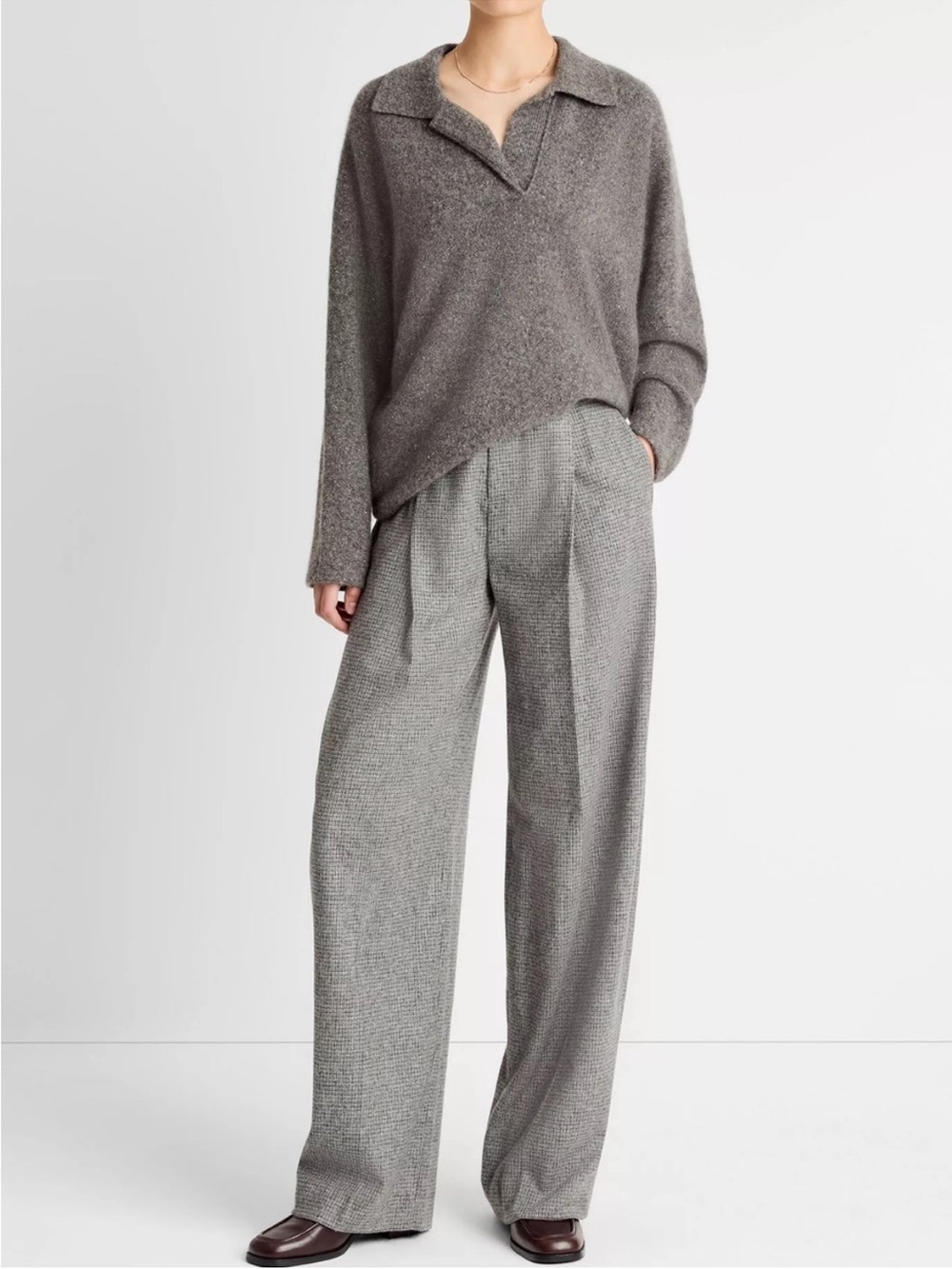 Vince Donegal Plush Cashmere Dolman-Sleeve Polo Sweater in Medium Heather Grey - Picture 3 of 3